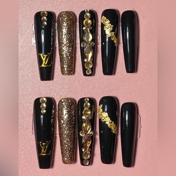 Hand Crafted Other - Hand Crafted Black & Gold Luxury XXL (2XL) Coffin Press On Nails Love Galore
